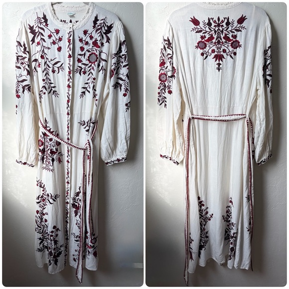 Sundance Dresses & Skirts - Sundance White Burgundy Embroidered Maxi Dress Tie Waist Boho Cottagecore XL